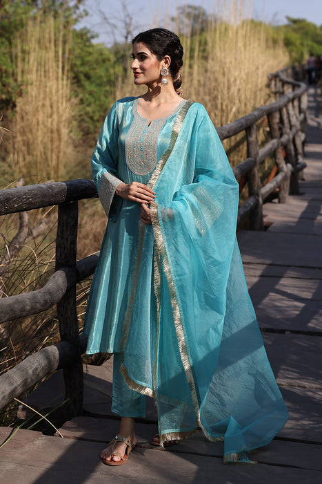 Capri Blue Embroidered Silk Suit Set