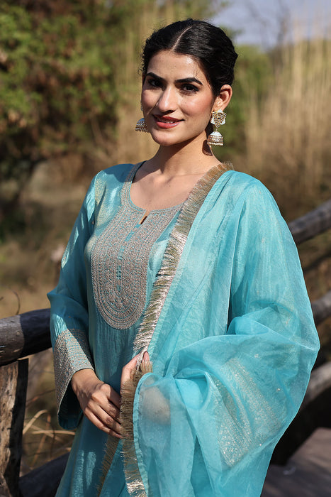 Capri Blue Embroidered Silk Suit Set