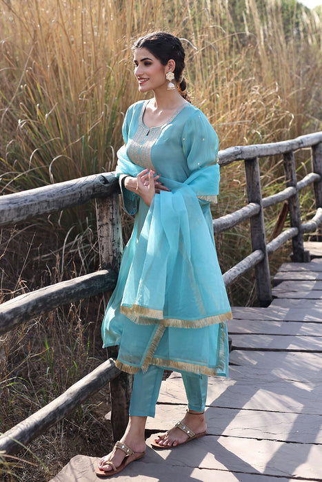 Capri Blue Embroidered Silk Suit Set