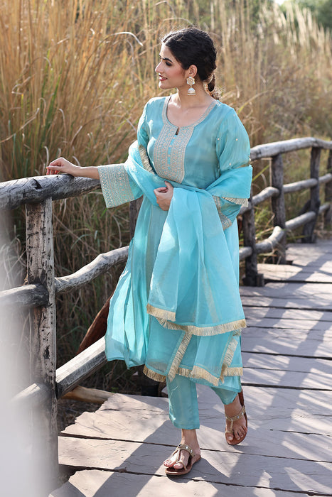 Capri Blue Embroidered Silk Suit Set