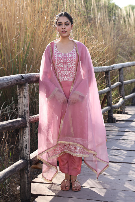Geranium Pink Embroidered Silk Suit Set
