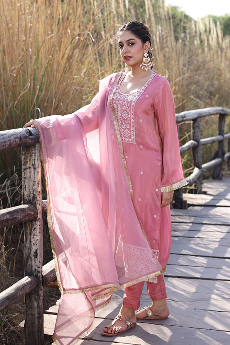Geranium Pink Embroidered Silk Suit Set