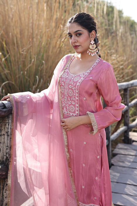 Geranium Pink Embroidered Silk Suit Set