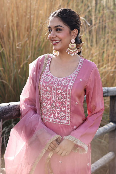 Geranium Pink Embroidered Silk Suit Set