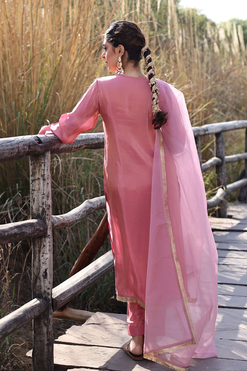 Geranium Pink Embroidered Silk Suit Set