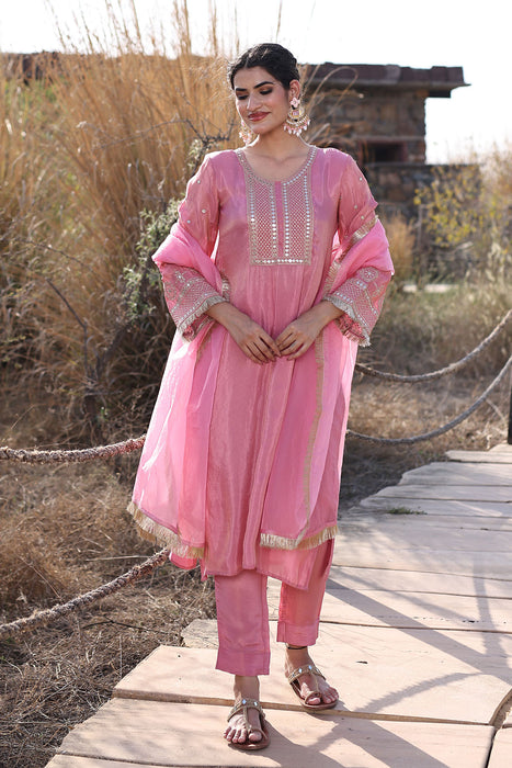 Confetti Pink Embroidered Silk Suit Set