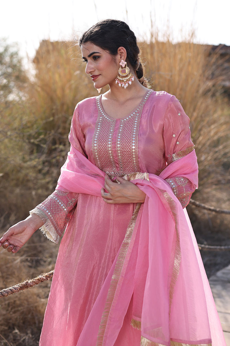 Confetti Pink Embroidered Silk Suit Set