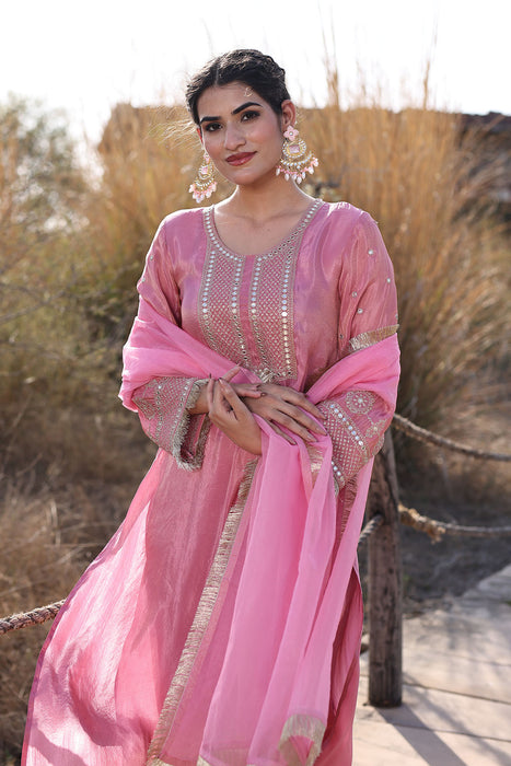 Confetti Pink Embroidered Silk Suit Set