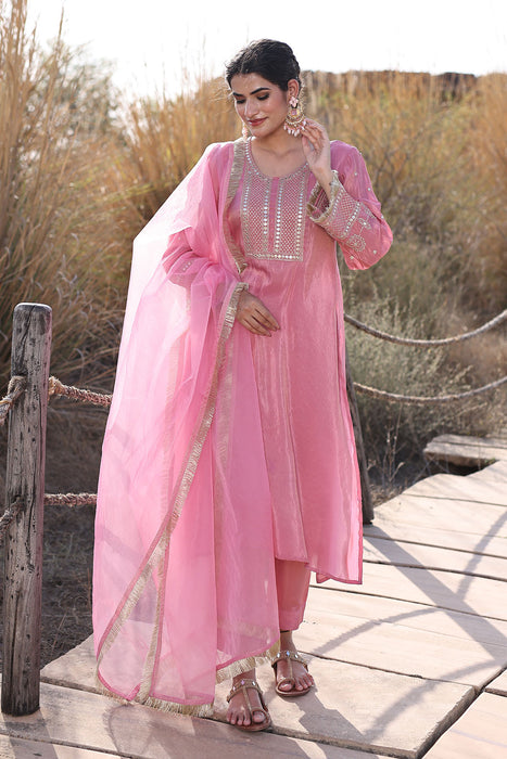 Confetti Pink Embroidered Silk Suit Set