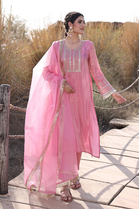 Confetti Pink Embroidered Silk Suit Set