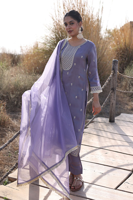 Pewter Lavender Embroidered Silk Suit Set