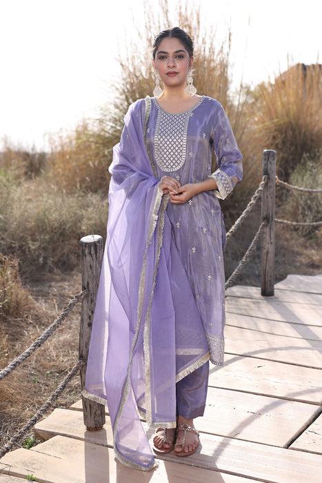 Pewter Lavender Embroidered Silk Suit Set