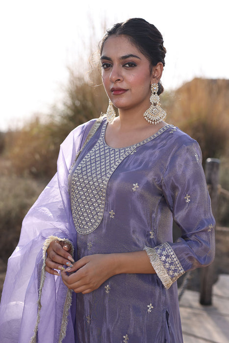 Pewter Lavender Embroidered Silk Suit Set