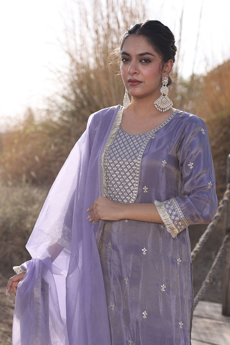 Pewter Lavender Embroidered Silk Suit Set
