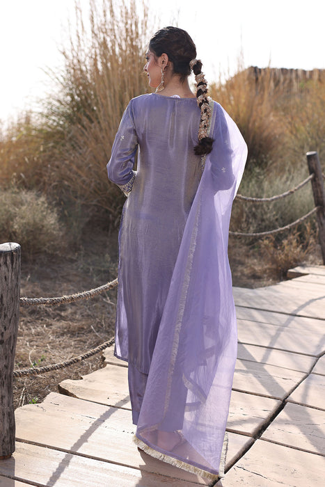 Pewter Lavender Embroidered Silk Suit Set