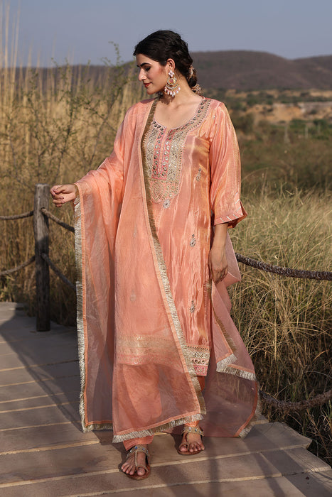 Coral Peach Tissue Shimmer Embroidered Suit Set