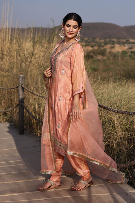 Coral Peach Tissue Shimmer Embroidered Suit Set