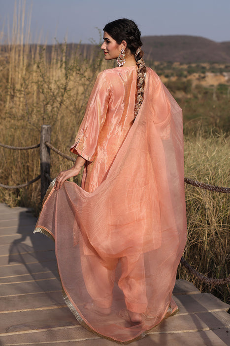 Coral Peach Tissue Shimmer Embroidered Suit Set