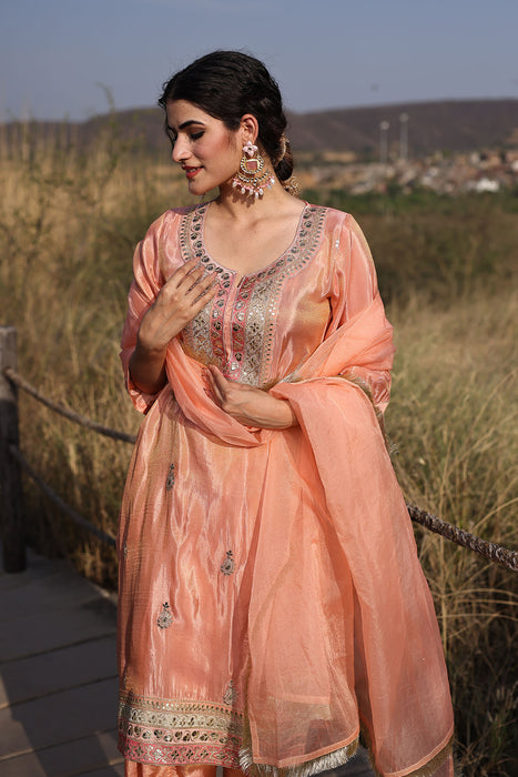 Coral Peach Tissue Shimmer Embroidered Suit Set