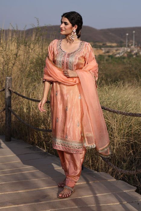 Coral Peach Tissue Shimmer Embroidered Suit Set