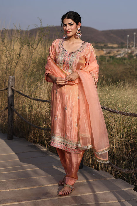 Coral Peach Tissue Shimmer Embroidered Suit Set