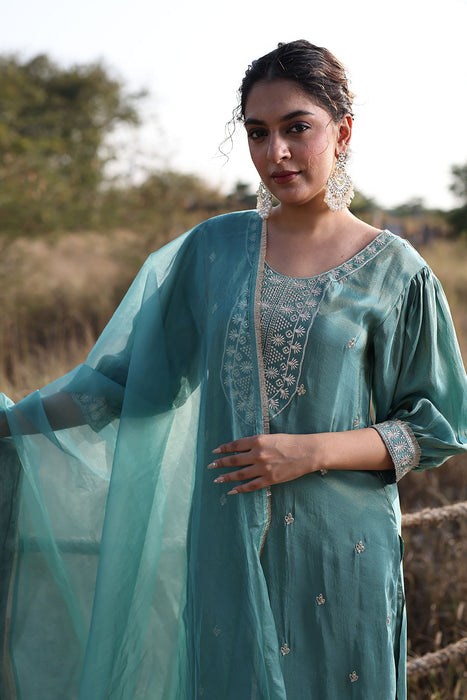 Sea Green Embroidered Silk Suit Set