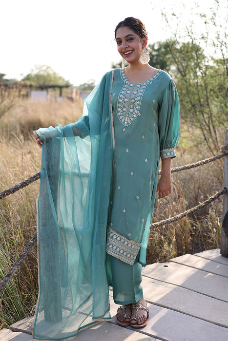 Sea Green Embroidered Silk Suit Set