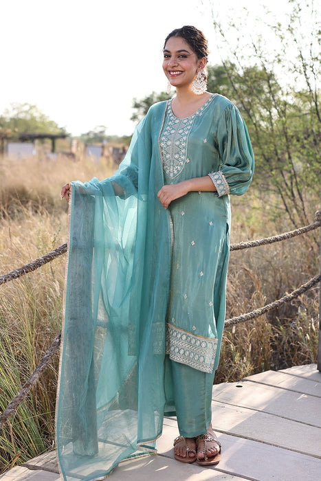 Sea Green Embroidered Silk Suit Set