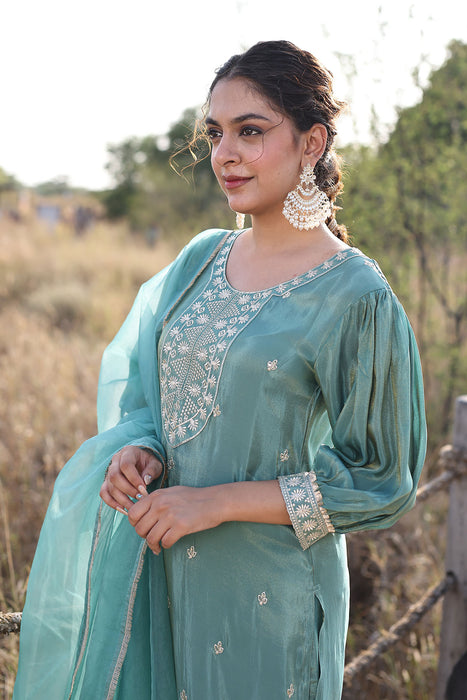Sea Green Embroidered Silk Suit Set