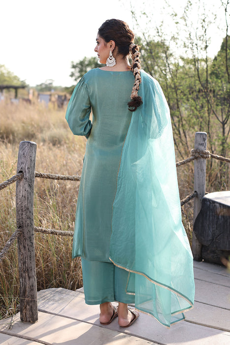 Sea Green Embroidered Silk Suit Set