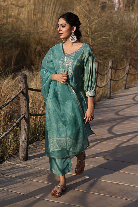 Sea Green Embroidered Silk Suit Set