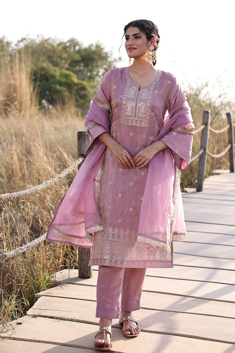 Moonlite Mauve Embroidered Silk Suit Set