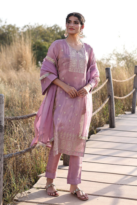Moonlite Mauve Embroidered Silk Suit Set