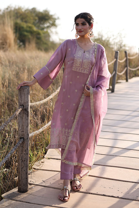 Moonlite Mauve Embroidered Silk Suit Set