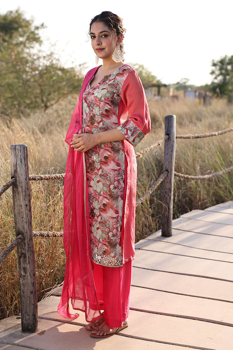 Cosmos Pink Floral Chiffon Suit Set
