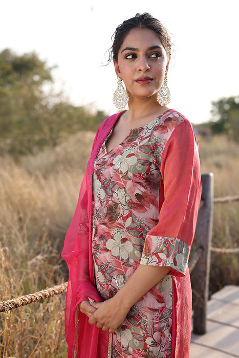 Cosmos Pink Floral Chiffon Suit Set
