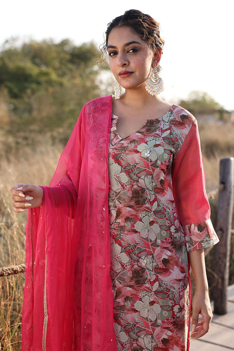 Cosmos Pink Floral Chiffon Suit Set
