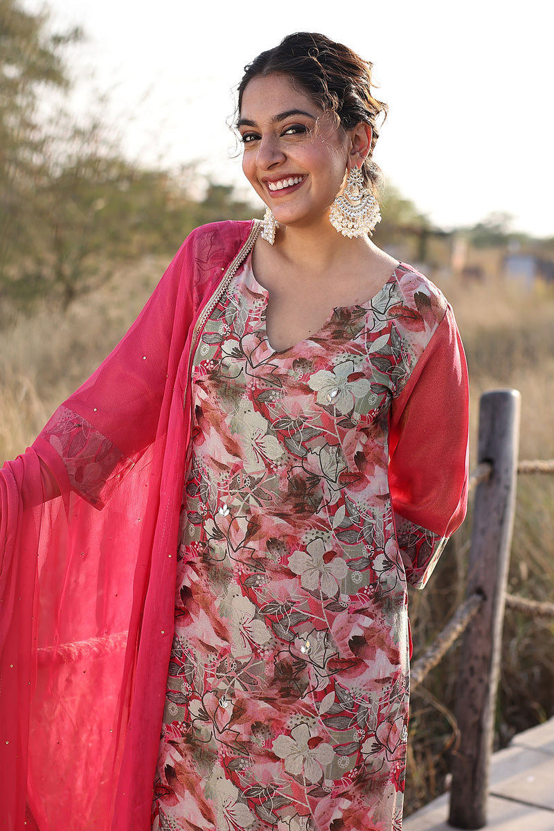 Cosmos Pink Floral Chiffon Suit Set