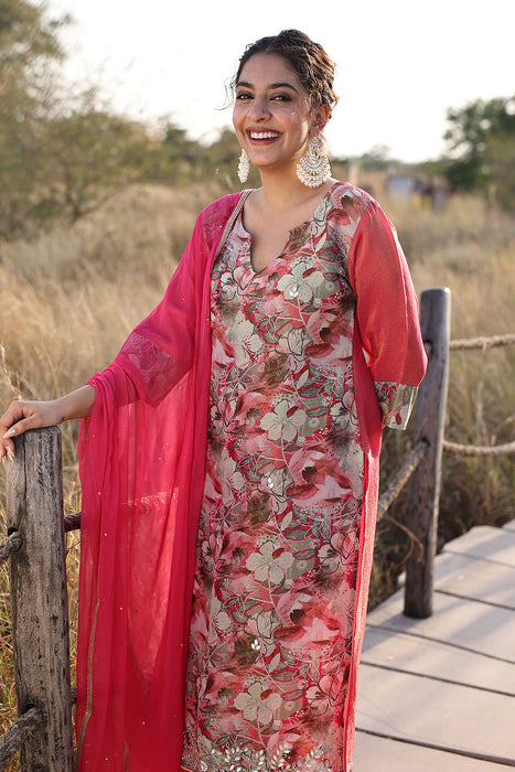 Cosmos Pink Floral Chiffon Suit Set