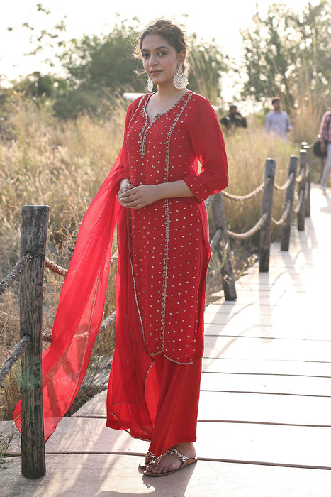 Spicy Red Jacquard Suit Set