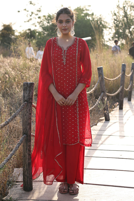 Spicy Red Jacquard Suit Set
