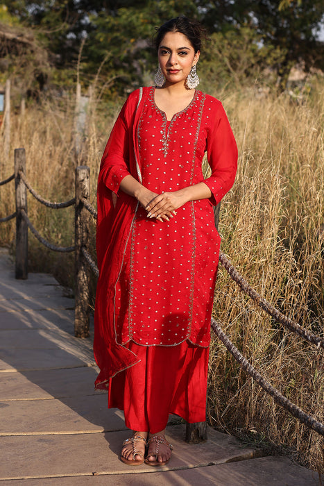 Spicy Red Jacquard Suit Set