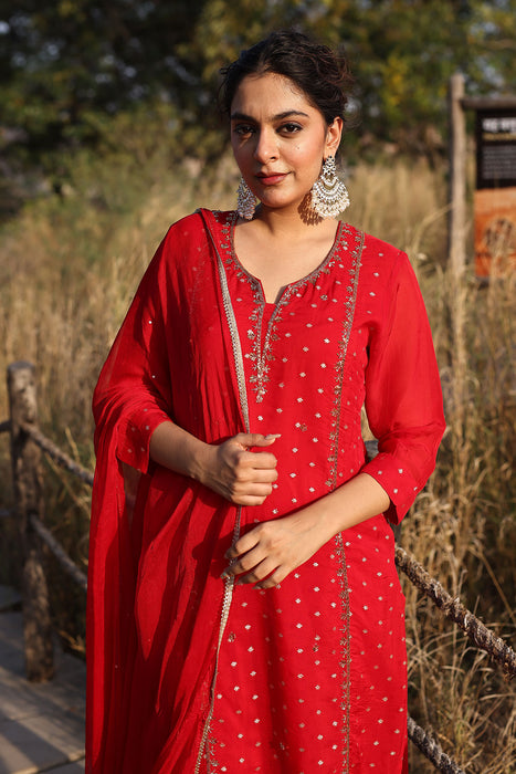 Spicy Red Jacquard Suit Set