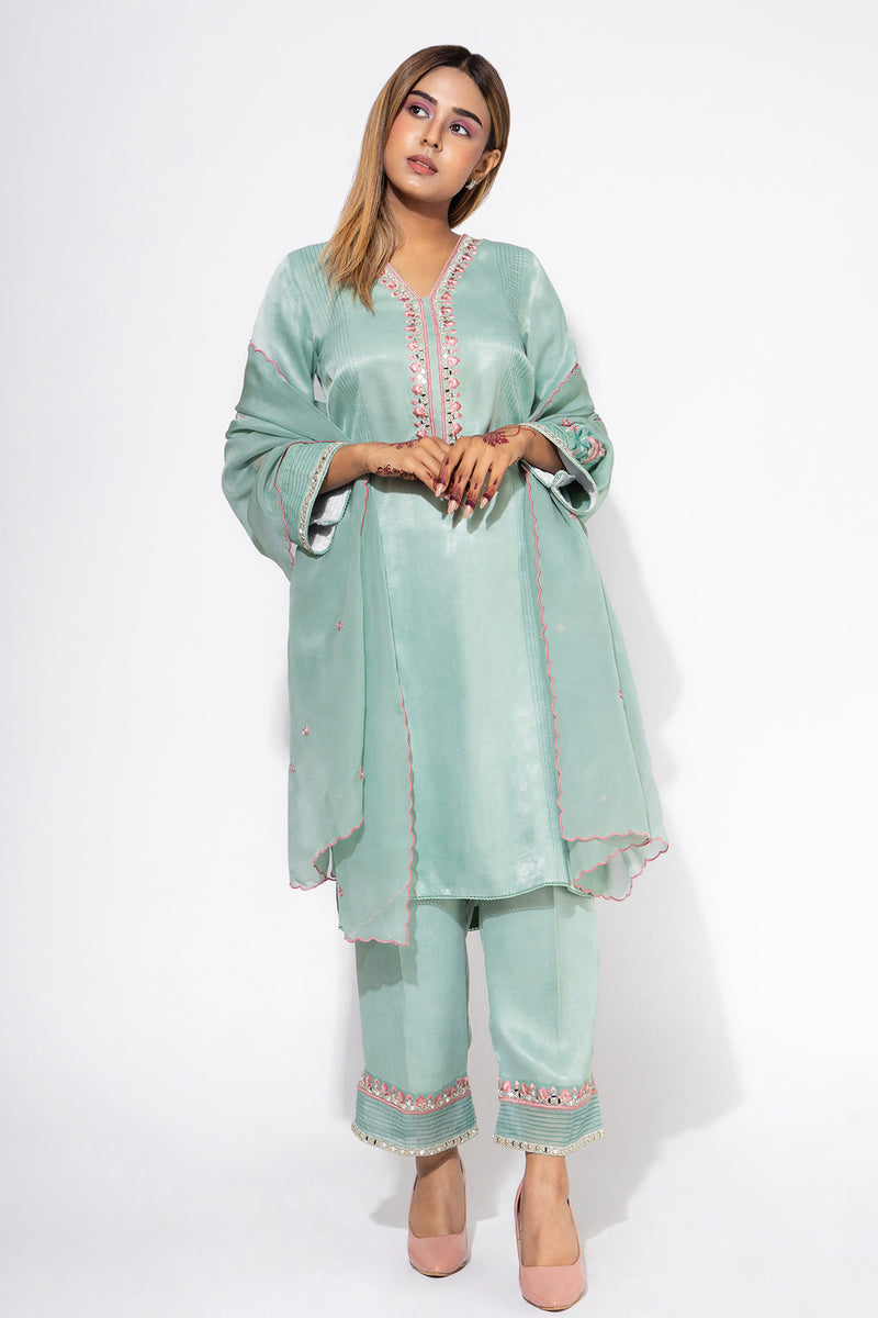 Blue Embroidered Sleeve Kurta & Pant Set