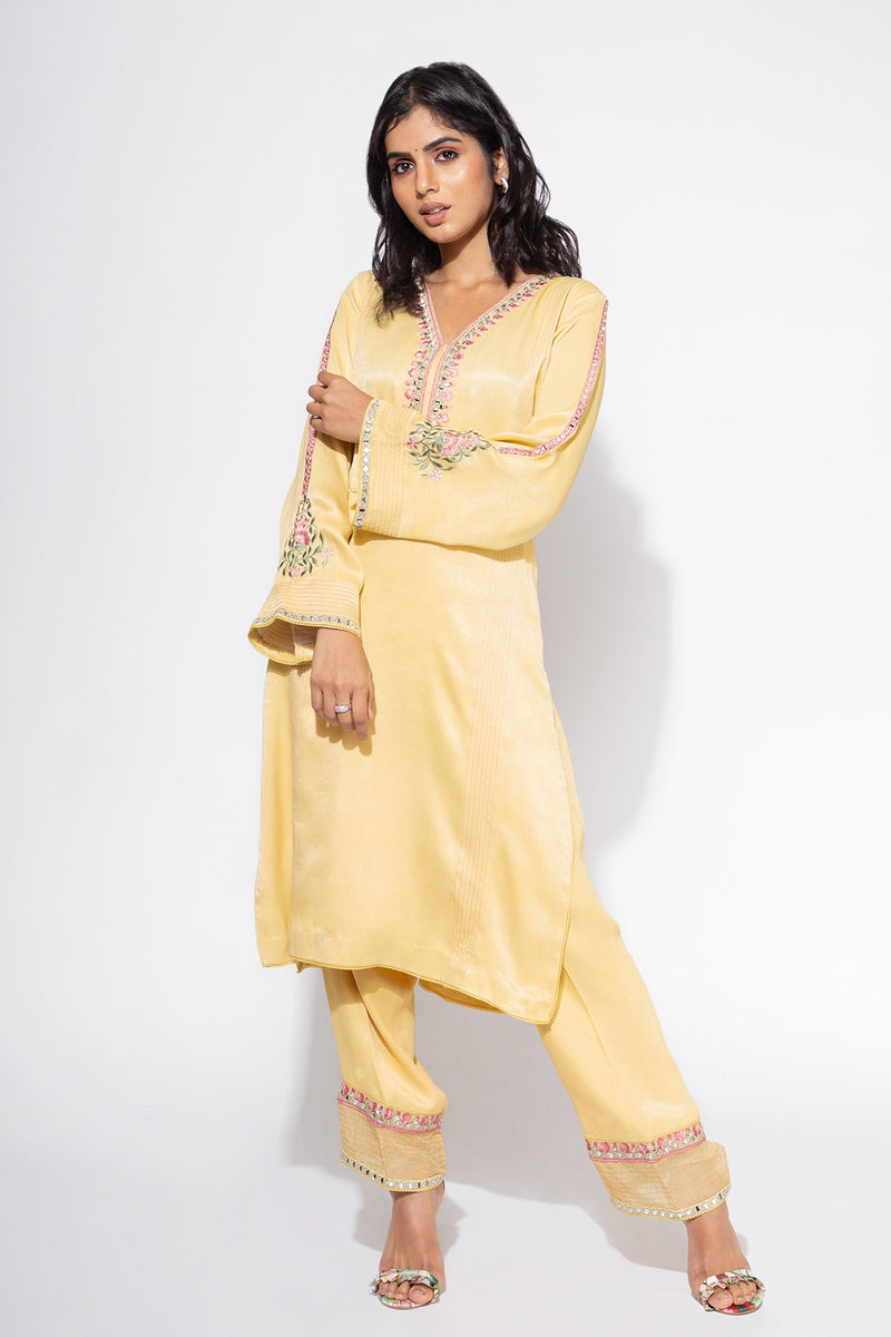 Yellow Embroidered Sleeve Kurta & Pant Set