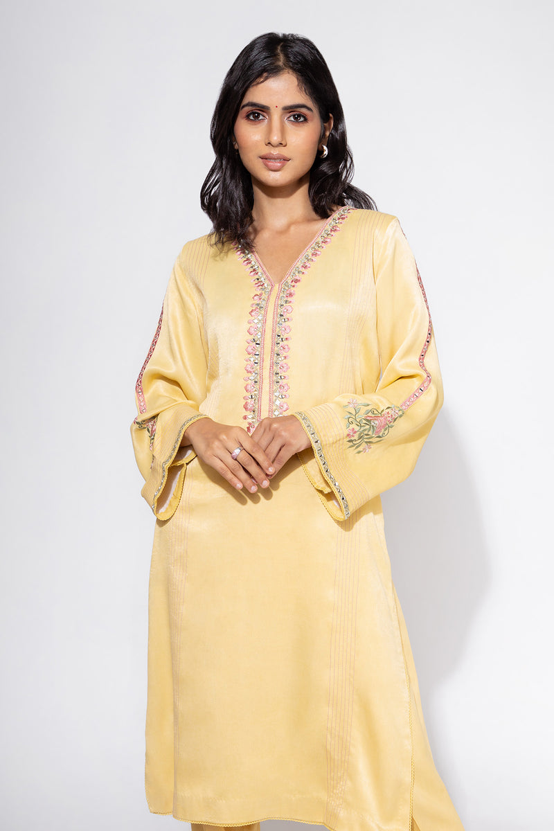 Yellow Embroidered Sleeve Kurta & Pant Set