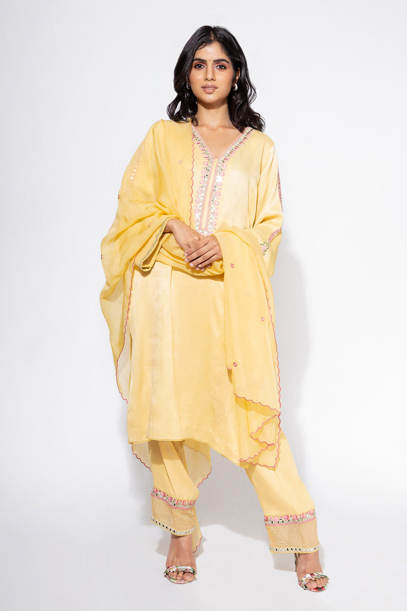 Yellow Embroidered Sleeve Kurta & Pant Set