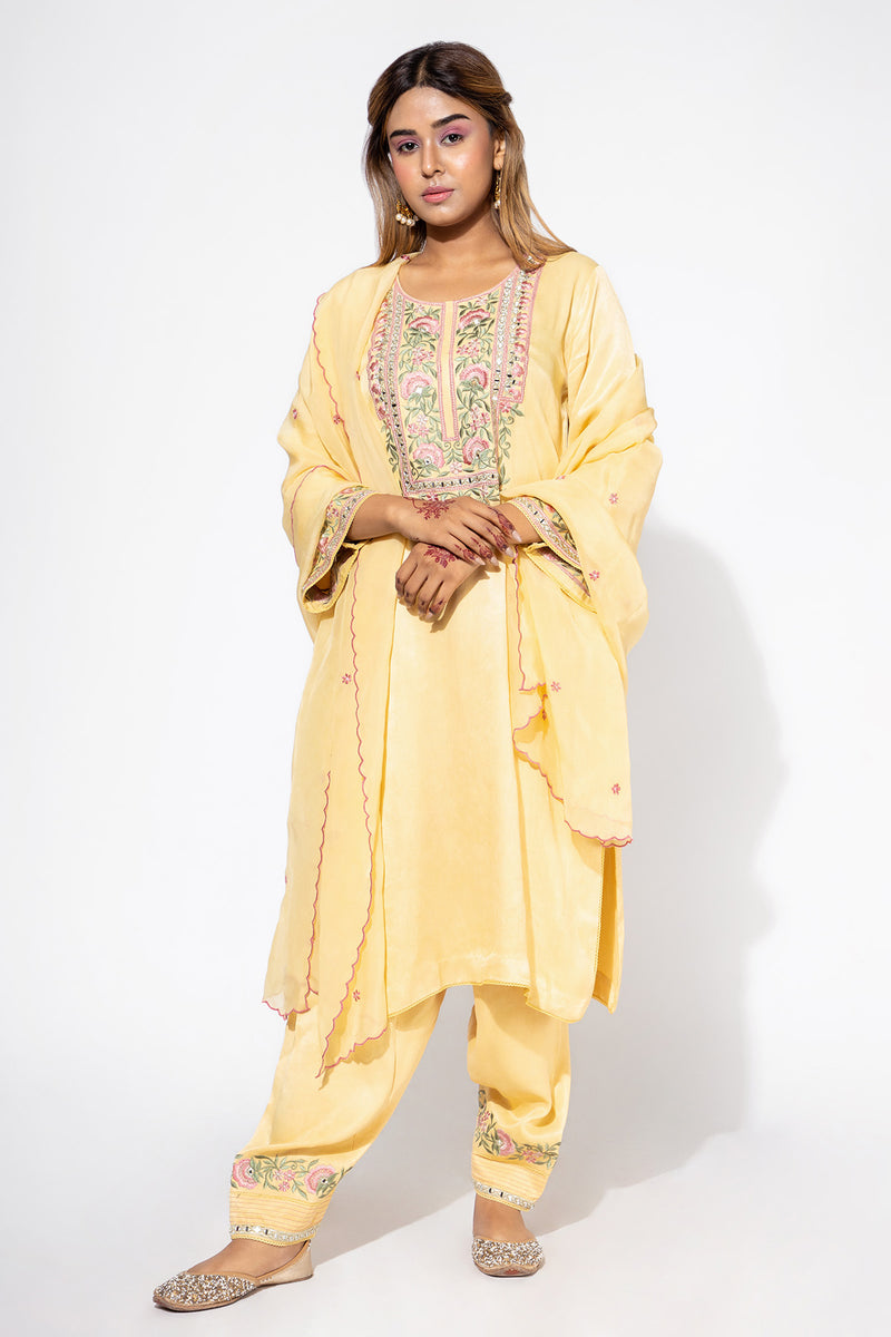 Yellow Embroidered Yoke Kurta & Salwar Set