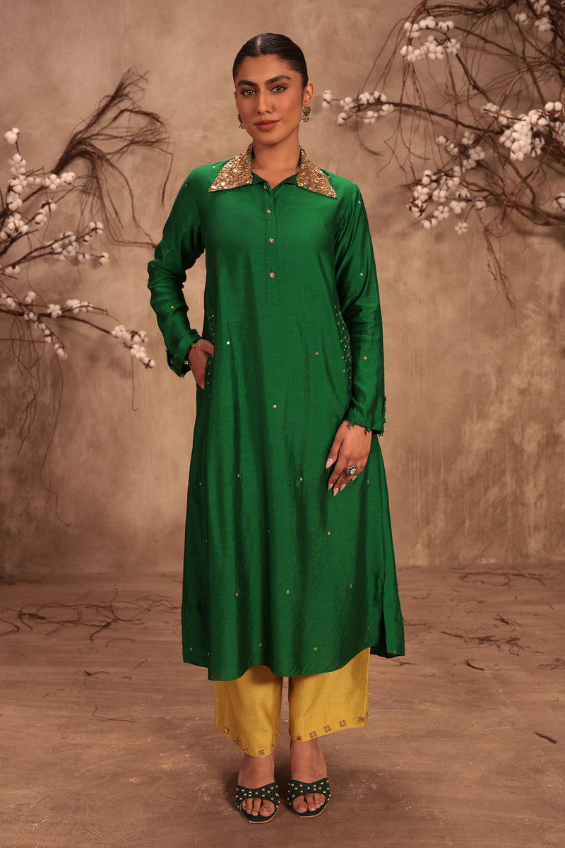 Nazakat Green Collar Kurta Set