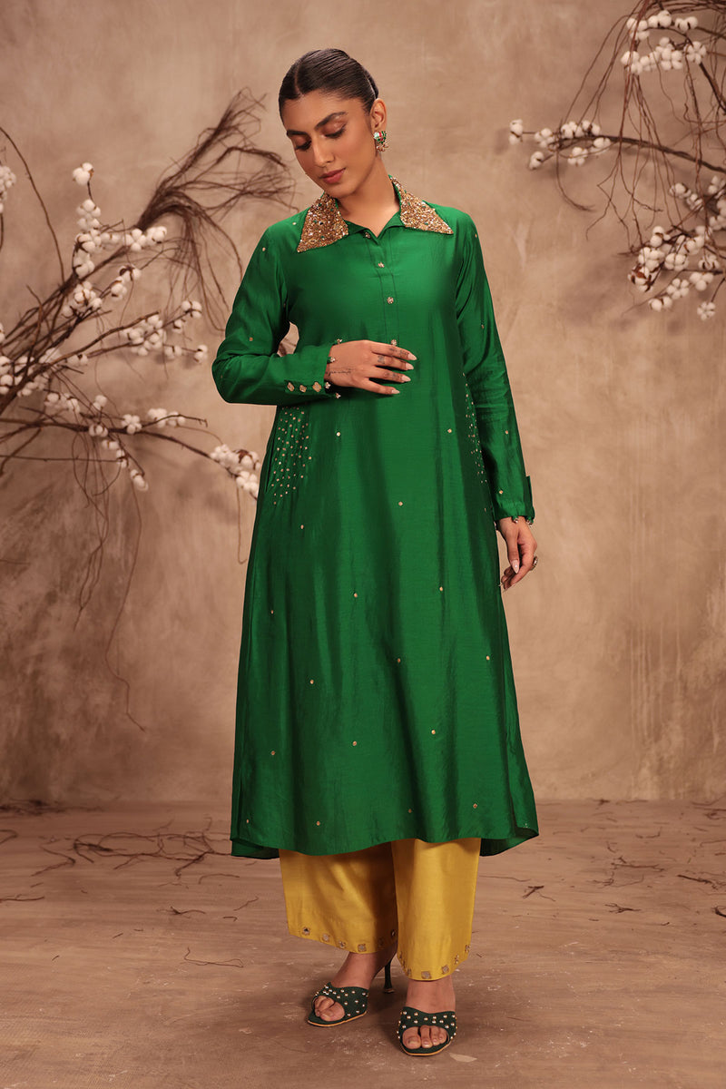 Nazakat Green Collar Kurta Set